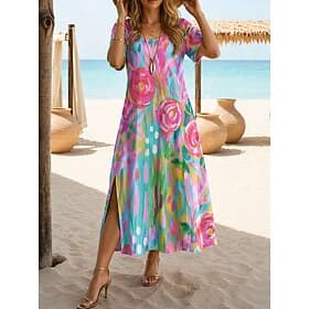 Women's Midi Dress A Line Dress Casual Beach Regular Fit Floral Graphic Short Sleeve Crew Neck Blue Pink Purple Summer Spring