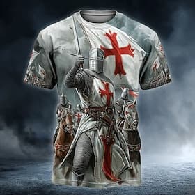 Homme Cheval Chevaliers Templiers Croix T-shirt Manche Courte T-shirt Impression 3D Col ras du cou Chemise Gothique Vintage Rétro Rue Dark Party Gris Toutes sa