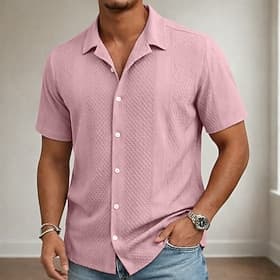 Men's Shirt Casual Shirt Button Up Shirt Jacquard Shirt Black White Pink Navy Blue Apricot Short Sleeve Plain Shirt Collar Casual Daily Clothing Apparel Elegan