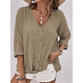 Femmes Chemise Décontractée Chemise de Plage Chemise Boutonnée Chemisier Couleur Unie Uni Vacances Mode Occasionnel Col en V Hauts Réguliers Vêtements de rue P