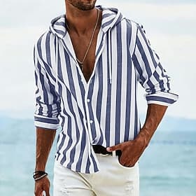Herren Hemd Leinenhemd Sommerhemd Strandhemd Kapuzenhemd Gestreifte Hemden Vertikale Streifen Urlaub Hawaiianisch Blau Gelb Rosa Rote Langarm Kapuzenpullover S