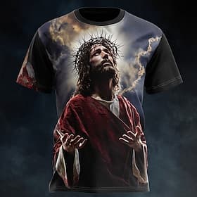 T-shirt homme Bible Jésus-Christ couronne d'épines prière robe rouge art religieux chrétien spirituel foi impression intégrale taille régulière église décontra