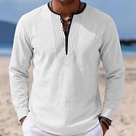 Men's Shirt Linen Shirt Summer Shirt Beach Shirt Solid Color Casual Vacation Black White Green Khaki Long Sleeve Crew Neck Summer Clothing Apparel Embroidered