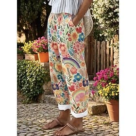 Women's Linen-feel Pants Wide Leg Casual Pants Summer Pants Vacation Fashion Streetwear Ankle-Length Mid Waist Floral Graphic Pocket Elastic Waist Print Comfy