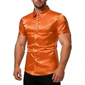 Voor heren Overhemd Satijnen overhemd Overhemd met knopen Effen Kleur Buiten Werk Zwart Wit Geel Rood Korte mouw Strijkijzer Zomer Lente Kleding Knop