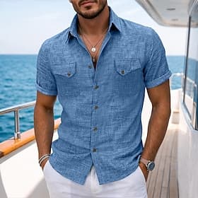 Men's Shirt Linen Shirt Summer Shirt Beach Wear Solid Color Casual Vacation Blue Navy Blue Khaki Gray Short Sleeve Shirt Collar Summer Spring Clothing Apparel