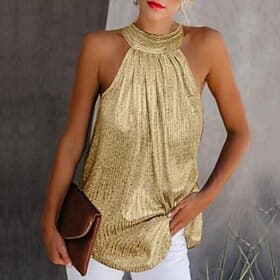 Women's T Shirt Sequins Plain Elegant Fashion Sleeveless Halter Neck Regular Tops Going out Weekend Silver Black Gold Summer Spring