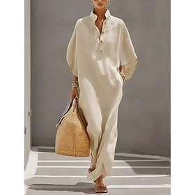 Women's Maxi Dress Sundress Casual Dress Vacation Casual Boho Beach Party Date Loose Fit Plain Half Sleeve Stand Collar Blue Beige Summer Spring