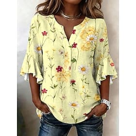 Mujer Blusa Volante Estampado Floral Graphic Vacaciones Diario Retro Antiguo Manga 3/4 Escote en Pico Tops regulares Casual Diario Festivos Azul Piscina Amaril