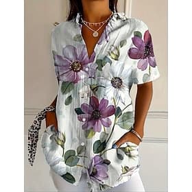 Dames Overhemd Button-down overhemd Zomer tops Knop Afdrukken Bloemig Grafisch Vintage Stijlvol Modern Korte mouw Overhemdkraag Lange tops Dagelijks Lichtgroen