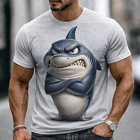 T-shirt à manches courtes pour homme, motif requin en colère, bras croisés, dents apparentes, style dessin animé drôle et original. Coupe décontractée, streetw