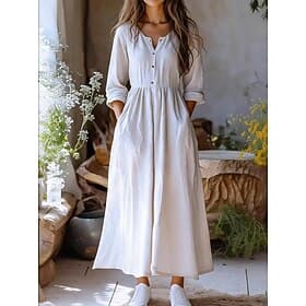 Women's Maxi Dress White Dress Casual Dress Cotton Dress A Line Dress Elegant Fashion Modern Outdoor Vacation Going out Regular Fit Plain Long Sleeve V Neck Wh