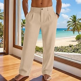 Homme Pantalons en Lin Pantalons Pantalon d'été Pantalons Amples Pantalons de Plage Jambe Droite Rayé Confort Respirant Longueur complète Occasionnel Quotidien