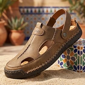 Sandálias masculinas cáqui de bico fechado, estilo pescador, com tira no calcanhar, confortáveis para caminhada, respiráveis e casuais, ideais para o verão, vi