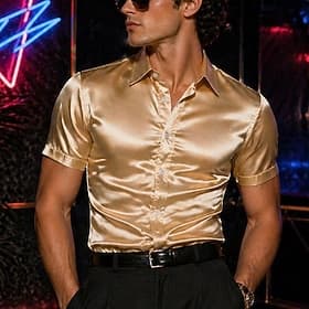 Retro Antiguo Disco Años 80 Camisas Mangas cortas Disco Metálico Brillante Color sólido Disfraz Hombre Carnaval Fiesta Bar Club nocturno Adultos Camisas Primav