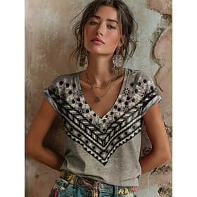 Women's T Shirt Embroidered Print Floral Graphic Geometric Vintage Stylish Casual Short Sleeve V Neck Regular Tops Casual Daily Weekend Rust Red Light Brown Su