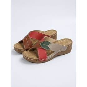 Sandales compensées à motif patchwork de feuilles multicolores pour femmes - pantoufles compensées confortables à bout ouvert pour une tenue décontractée et d'