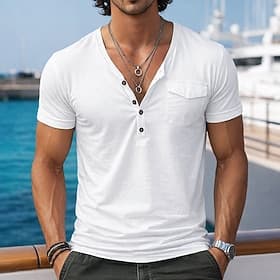 Homme T-shirt T-shirt en lin Manche Courte Manches courtes Col en V Été Uni Mode Designer Basique Flexible Pur Occasionnel Vacances Rue Blanche T-shirt haut de