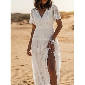 Femmes Robe maxi Robe bohème Robe en Dentelle Robe Blanche Robe d'été Élégant Mode Plage Vacances Fête Coupe régulière Fleuri Demi Manches Col en V Blanche Été