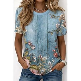 Femmes T-shirt Imprimé A Ombre Fleuri Graphique Élégant Classique Occasionnel Manche Courte Col ras du cou Col rond Hauts Réguliers Occasionnel Quotidien Bleu