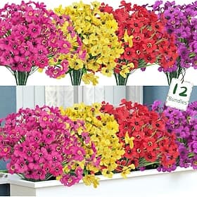 12 Bundles Artificial Flowers for Outdoors Fake Silk Flowers UV Resistant Faux Plastic Plants for Indoor Outdoor Vase Box Garden Porch Window Box Home Spring S