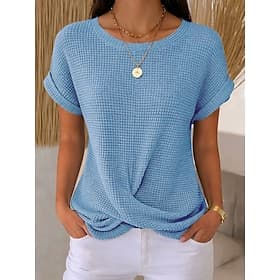 Women's Blouse Solid Color Vintage Stylish Basic Short Sleeve Crew Neck Regular Tops Daily Blue Black White Pink Red Summer Spring