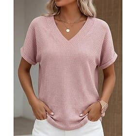 Women's T Shirt Waffle Knit Tops Basic Vintage Stylish Classic Short Sleeve V Neck Regular Tops Casual Black White Pink Green Apricot Summer Spring