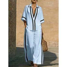Women's Pants Sets 3/4 Length Sleeve V Neck Color Block Fashion Streetwear Casual Daily Outdoor Blue Black White Spring Summer Regular Fit