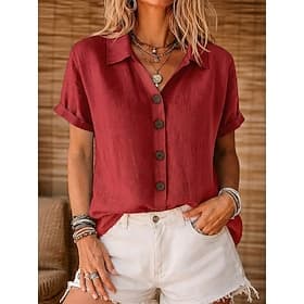 Women's Shirt Cotton Linen Shirts Blouse Solid Color Basic Casual Short Sleeve Lapel Regular Tops Casual Daily Blue White Pink Red Green Summer Spring