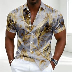 Men's Paisley Floral Print Ethnic Shirt Satin Shirt Dress Shirt Short Sleeve Vintage Retro Daily Vacation Summer Spring Turndown 3D Print Button Up Shirts Gray