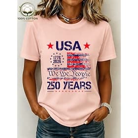 American Independence Day Women's 100% Cotton T Shirt Print Graphic American Flag Vintage Stylish Classic Short Sleeve Crew Neck Regular Tops Casual Daily Week