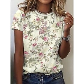 Women's T Shirt Print Floral Graphic Plants Fashion Stylish Classic Short Sleeve Crew Neck Regular Tops Casual Daily Weekend Light Beige White Summer Spring
