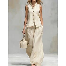 Women's T Shirt Pants Sets Sleeveless Solid Color Fashion Daily Outdoor Vacation Black White Brown Summer