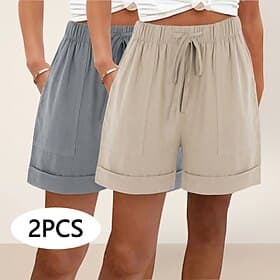 Lot de 2 shorts en coton et lin pour femme, parfaits pour l'été, la plage, les vacances, les loisirs. Short basique taille haute, uni, poche, ceinture élastiqu
