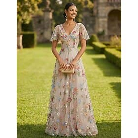 Ligne A Robe Longueur au sol Robe Maxi Robe de Soirée Robe de Cocktail Robe de Mère de Mariée Manche Courte Col en V Élégant ancien Luxueux Formel robe demois