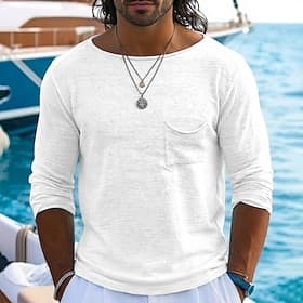 Homme T-shirt en lin manche longue Bateau Été Printemps Toutes saisons Couleur Unie ancien Bohème Occasionnel Pur Occasionnel Vacances Rue Bleu Noir Blanche T-