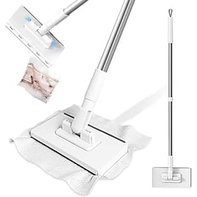 No-Touch Disposable Dust Mop with 2 Reusable Cloths, Mini Lazy Mop Wet and Dry Sweeper, Snap and Grip Flat Dust Mop for Small Spaces, 1 Second Installation