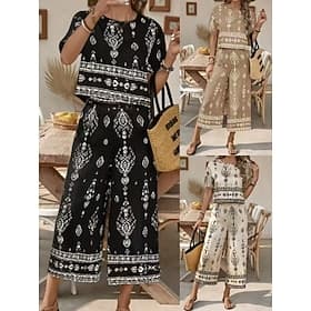 Women's Pants Sets Short Sleeve Round Neck Floral Graphic Print Fashion Streetwear Casual Daily Outdoor Black Brown Green Summer Regular Fit