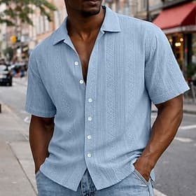 Men's Shirt Casual Shirt Button Up Shirt Jacquard Shirt Black White Light Green Navy Blue Dark Green Short Sleeve Geometric Plain Cuban Collar Casual Daily Jac
