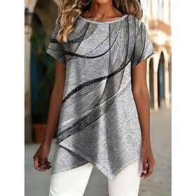 Women's T Shirt Tee Top Asymmetrical Hem Graphic Geometric Fashion Classic Casual Short Sleeve Round Neck Regular Tops Daily Going out Weekend Wine Purple Gree