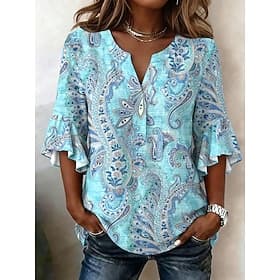 Femmes Chemisier A Volants Imprimé Graphique Paisley Vacances ancien Quotidien Manche 3/4 Col en V Hauts Réguliers Occasionnel Quotidien Fête Bleu Jaune Rose C