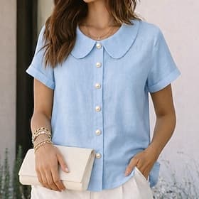 Women's Shirt Summer Shirt Casual Shirt Button Up Shirt Solid Color Plain Elegant Vacation Fashion Short Sleeve Peter Pan Collar Regular Tops Streetwear Beach