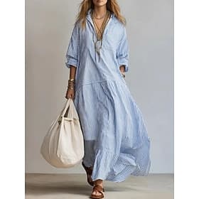 Damen Maxikleid Sommerkleid A Linie Kleid Urlaub Lässig Strand Täglich Ausgehen Sommerkleid Lässiger Schnitt Grafik Gestreift Langarm Revers Blau Rosa Sommer F
