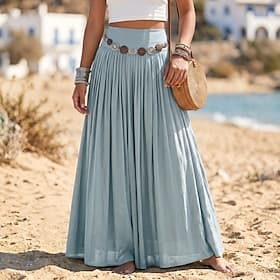 Women's Cotton Vacation Skirt Bohemia Casual Maxi High Waist Skirts Inelastic Beach Vacation Dark Khaki Light Khaki Lemon Yellow Mustard green Summer