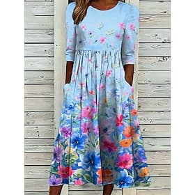 Women's Midi Dress Shift Dress Vacation Casual Boho Regular Fit Floral Graphic Half Sleeve Crew Neck Blue Yellow Pink Green Summer Spring