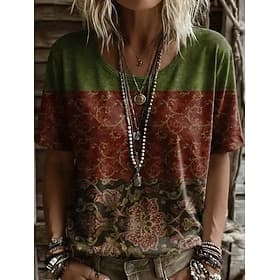 Women's T Shirt Print Floral Graphic Plants Vintage Stylish Casual Short Sleeve V Neck Regular Tops Casual Daily Weekend Rust Red Dark Green Dusty Blue Green G