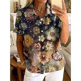 Damen Hemd Knöpfe Druck Blumen Grafik Vintage Täglich Stilvoll Ärmellos Kurzarm Hemdkragen Normale Oberteile Lässig Täglich Marineblau Grün Sommer Frühling