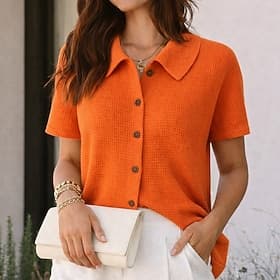 Women's Shirt Waffle Shirt Casual Shirt Button Up Shirt Buttons Solid Color Plain Vacation Fashion Daily Short Sleeve Turndown Regular Tops Outdoor Streetwear