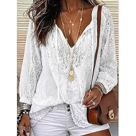 Women's Shirt Boho Shirt Blouse Lace Tops Lace Solid Color Floral Basic Casual Long Sleeve V Neck Regular Tops Casual Daily White Pink Khaki Summer Spring