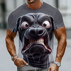 T-shirt homme imprimé intégral avec un motif 3D hyper réaliste d'un chien noir en colère grognant. Col rond, coupe classique, style streetwear décontracté. Tai